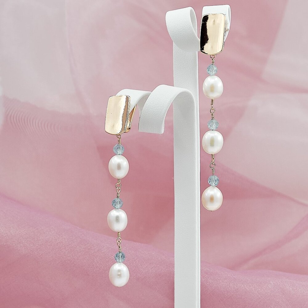 Pearl & Aquamarine Dangle Earrings, 14K Gold Filled